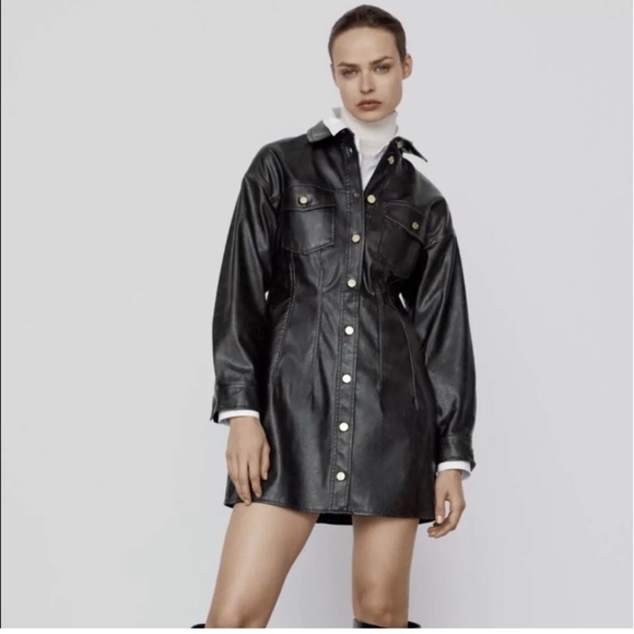 Zara Washed Faux Leather Dark Brown Mini Dress Medium 8741/251 - Picture 1 of 4